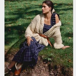 Anthropologie Magali Pascal Navy Linen Maxi Dress Blue Plaid Ruffle Sleeve mid